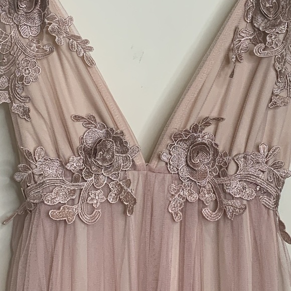 Dusty Rose Plunge Front Backless Tulle Train Floral Applique Gown Slip Dress M - Picture 6 of 16